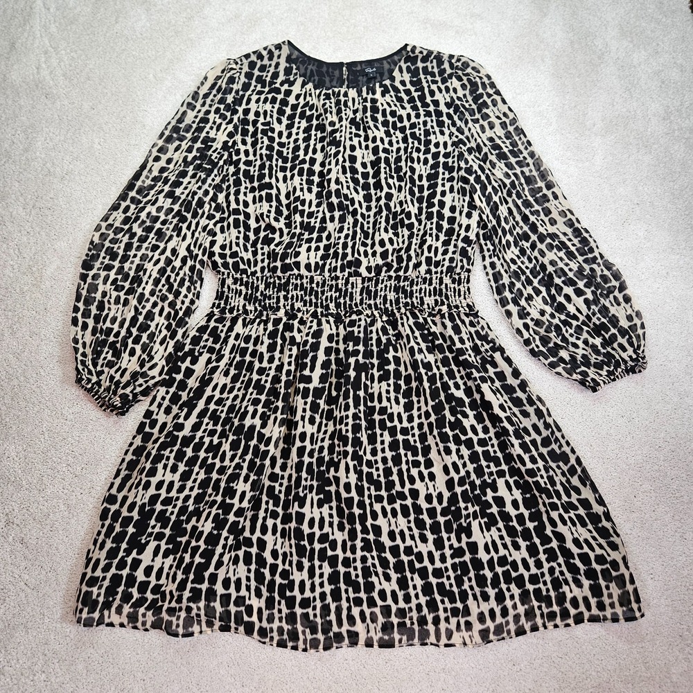 Rails Lanie Dress L Boho Abstract Black Ivory Animal Print Smocked $248 Mini